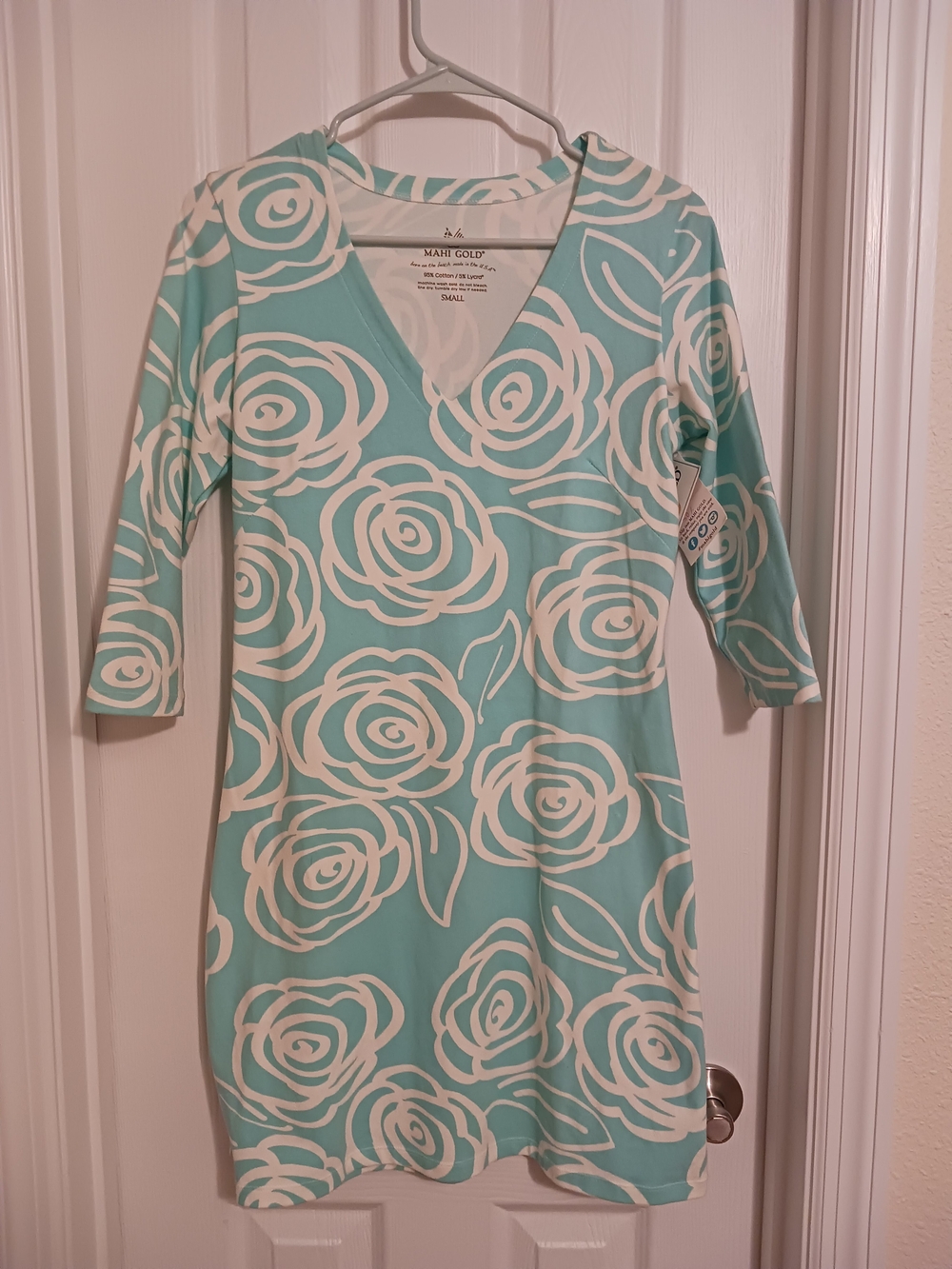 MAHI GOLD Aqua and White Rose-Print V-Neck Tunic Dress Women's Cotton Small